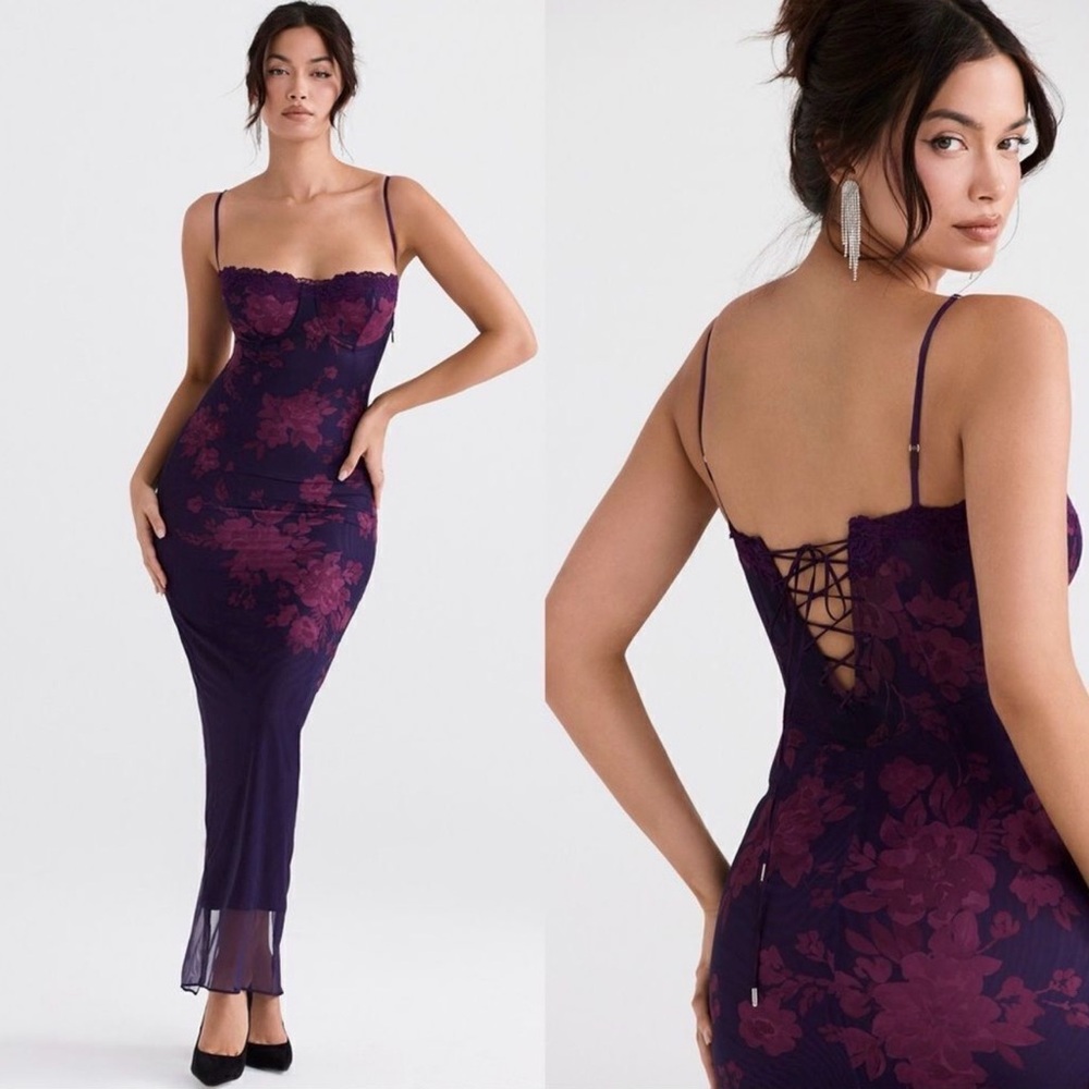 House of CB Plum and Rose Floral Lace-Up Maxi Dress